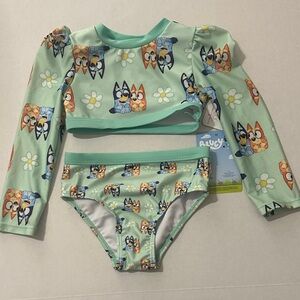 Girls' Mint Green Long-Sleeve Rashguard Swim Set - Bluey Print